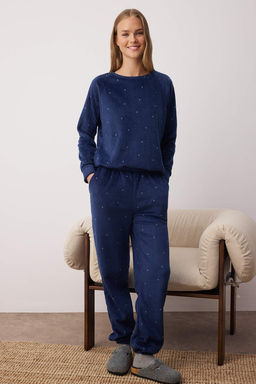 Lacivert Puantiyeli Polar K?sl?k Orme Pijama Tak?m? THMAW24PT00032
