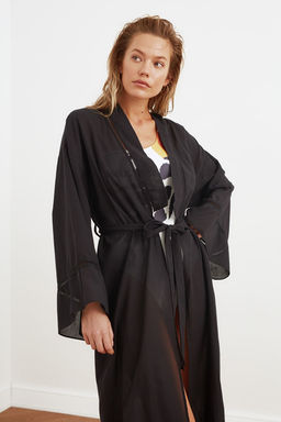 Plaj Giyim Siyah Kusakl? Dokuma Flaml? Pamuk Serit Aksesuarl? Maxi Kimono&Kaftan TBESS21KM0094 - Trendyolmilla фото 3