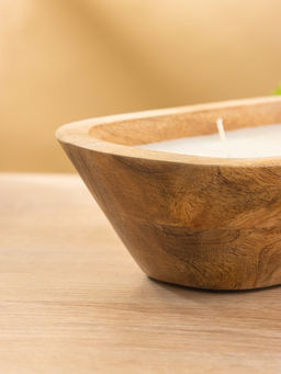 Свеча в деревянной чаше, парафин и соевый воск, 20×13×5.5 см