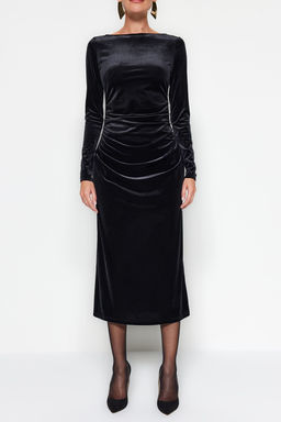 TRENDYOLMILLA Siyah Kadife Buzgulu Fitted/Vucuda Oturan Esnek Maxi Orme Elbise TWOAW24EL00617 фото 4