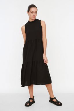 Siyah Shift/Duz Kesim Dik Yaka Midi Dokuma Elbise TWOSS20EL1864
