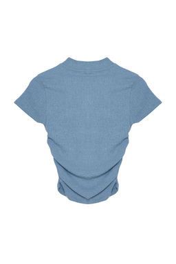 Indigo Dik Yaka K?sa Kol Buzgu Detayl? Esnek Orme Bluz TWOSS24BZ00135