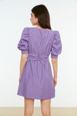 Lila Kemerli Belden Ac?lan Balon Kol Mini Dokuma Elbise TWOSS20EL0619