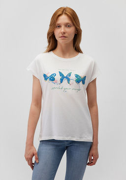 Kelebek Bask?l? Beyaz Tisort - Mavi фото 3