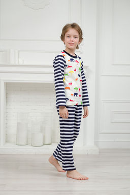 Пижама детская из джемпера и брюк без манжет из интерлока Сафари темно-синий полоса - Амадэль фото 2