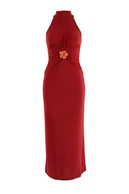 Kiremit Bodycon Halter Yaka Kolsuz Aksesuar Detayl? Midi Esnek Orme Elbise TWOSS26EL00267