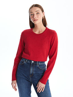 Bisiklet Yaka Kendinden Desenli Uzun Kollu Kad?n Triko Kazak