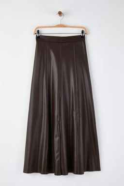 Koyu Kahverengi Suni Deri Yuksek Bel Maxi Etek TWOAW24ET00151