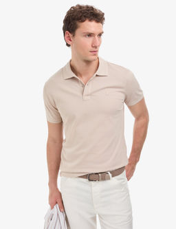 Koyu Bej Slim Fit %100 Pamuk D__meli Polo Yaka Basic Ti__rt