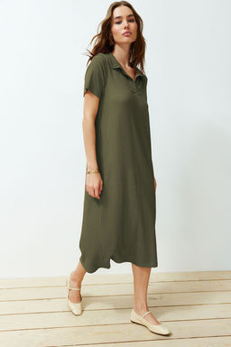 Haki Polo Yaka K?sa Kol Midi Burumcuk/Dokulu Orme Elbise TWOSS24EL00478