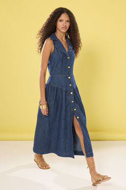 TRENDYOLMILLA Koyu Mavi Gomlek Yaka Midi Denim Elbise TWOSS25EL00149  фото 2