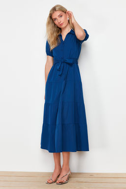 TRENDYOLMILLA Indigo Genis Kesim Gomlek Yaka Maxi Dokuma Elbise TWOSS24EL00861
