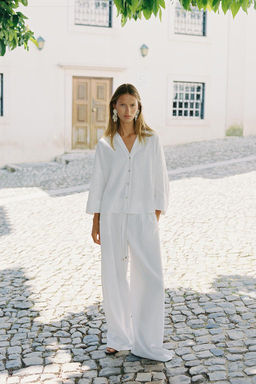 LINEN BLEND WIDE-LEG TROUSERS WITH BELT - Zara фото 17
