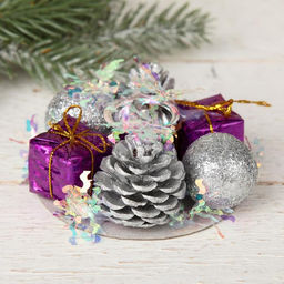 Цена за 2 шт. Подсвечник на одну свечу «Мишура волна» шишки, шарик, подарки, 7.5×3.5 см, d=2 см