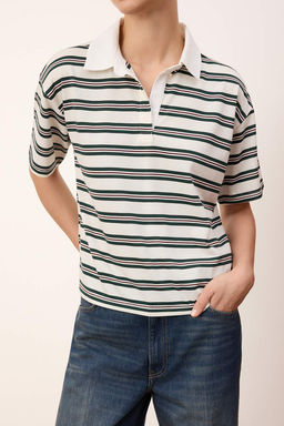 Wardrobe Essentials-Ekru Cizgili Normal Kal?p K?sa Kollu Tok %100 Pamuk Orme T-shirt TWOSS26TS00027