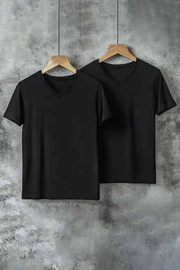 Siyah Basic V-Yaka Slim Fit/Dar Kesim %100 Pamuklu 2li Paket T-Shirt TMNSS19BO0075