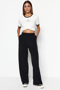 Siyah Wide Leg/Rahat Kesim Yuksek Bel Esnek Orme Pantolon TWOSS23PL00129