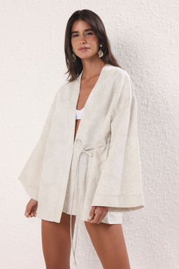 Ekru Dokuma Cicek Desen Islemeli Midi Plaj Kimono&Kaftan TBESS25KM00030