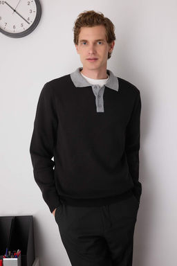 Siyah Regular Polo Yaka Renk Bloklu Kazak TMNAW26KZ00008 - Trendyolmilla фото 4