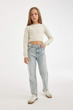 Джинсовые брюки скинни с рваными деталями для мамы для девочек - Defacto фото 3