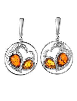 Яркие серьги из серебра и натурального янтаря коньячного цвета Лирика