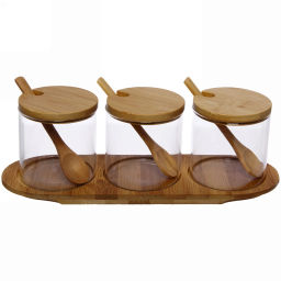 Банка стеклянная для специй 300мл "Хай-Тек" в наборе 3шт на бамбуковой подставке