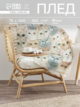 Плед флисовый «Этель. Cozy cats», 75×100 см, флис
