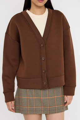 Teen Kahverengi Oversize/Genis Kal?p V yaka Full Dugme Kapama Esnek Orme Sweatshirt TWOAW26SW00013 - Trendyolmilla фото 3