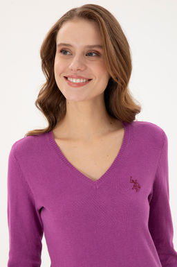 Женский фиолетовый базовый свитер с v-образным вырезом - U.s. polo assn фото 2