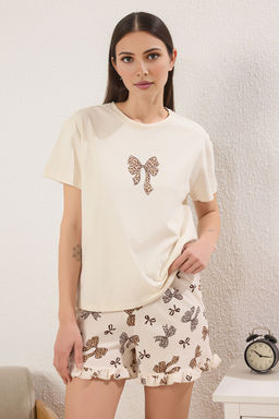 Trendyolmilla Bej 100% Pamuklu Leopar Kurdele/Fiyonklu F?rf?r Detayl? Sortlu Orme Pijama Tak?m? THMSS25PT00347