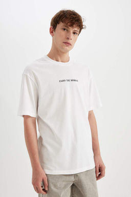 Футболка с короткими рукавами и круглым вырезом Relax Fit с принтом - Defacto фото 3