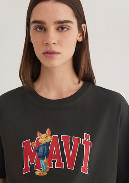 Kedi Logo Bask?l? Antrasit Tisort - Mavi фото 5