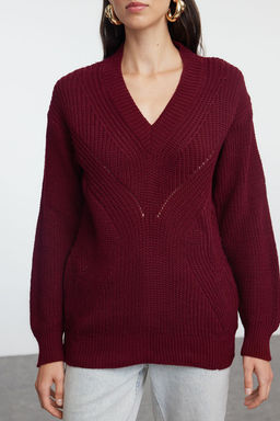 Bordo Ajurlu/Delikli V Yaka Triko Kazak TWOAW21KZ0690 - Trendyolmilla фото 3