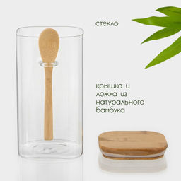 Банка для хранения сыпучих продуктов «Эко», 1.45 л, 10×19 см, с ложкой, с бамбуковой крышкой, стекло, прозрачная