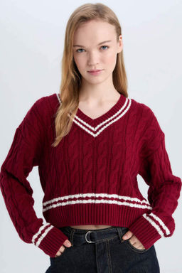 Coool Regular Fit V Yaka Sac Orgulu Cizgi Triko Kazak - Defacto фото 3