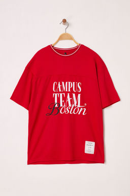 TRENDYOL MAN K?rm?z? Oversize/Genis Kesim Campus Team Bask?l? Forma Kumas T-Shirt TMNSS25TS00122 - Trendyolmilla фото 2