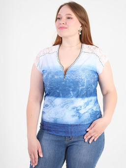 Футболка женская с кружевом на плечах и горловиной на молнии