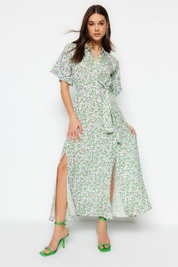 Mor Kusakl? Cicek Desenli Maxi Viskon Dokuma Gomlek Elbise TWOSS19EL0094