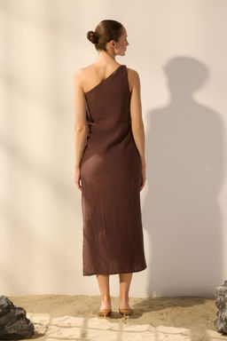 Trendyolmilla Kahverengi %100 Keten Tek Kol Midi Elbise TWOSS25EL00616 фото 4