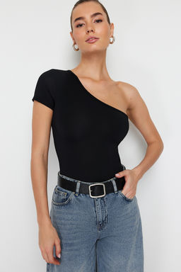 Siyah Fitted/Vucuda Oturan Asimetrik Yaka Tek Kol C?tc?tl? Esnek Orme Body TWOSS24BD00028
