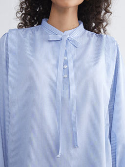 Ba?lamal? Yaka ?izgili Oversize Kad?n G?mlek Tunik