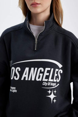 Толстовка из плотной ткани свободного покроя с полумолнией и принтом - Defacto фото 5