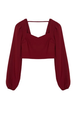 Bordo Crop Kalp Yaka Uzun Kollu Dokuma Bluz TWOSS21BZ0236 - Trendyolmilla фото 6