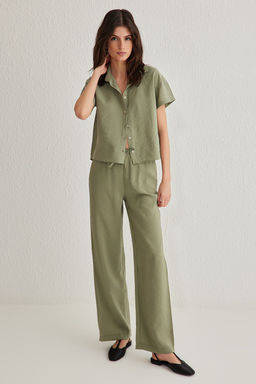 Haki Modal Yumusak Tuseli K?sa Kollu Gomlek Genis Paca Pantolon Dokuma Alt-Ust Tak?m TWOSS25AU00026 - Trendyolmilla фото 2