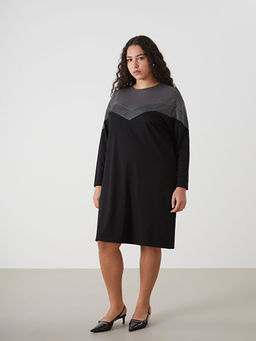 Bisiklet Yaka Renk Bloklu Elbise