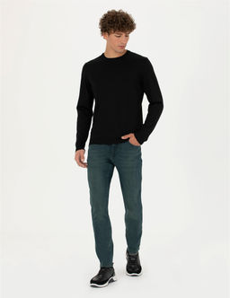 Siyah Slim Fit Bisiklet Yaka Y_n Kar___ml_ Basic Triko Kazak