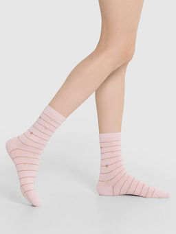 Цена за 5 пар! Носки женские розовые с люрексом и рисунком в виде полосочек сердечек