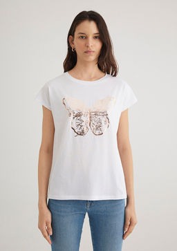 Kelebek Bask?l? Beyaz Tisort - Mavi фото 3