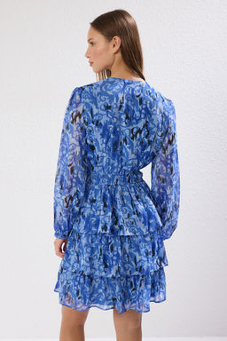 TRENDYOLMILLA Mavi Etnik Desen Skater/Belden Ac?lan Etegi Volanl? Mini Sifon Astarl? Dokuma Elbise TWOAW25EL00271  фото 14