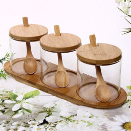 Банка стеклянная для специй 300мл "Хай-Тек" в наборе 3шт на бамбуковой подставке